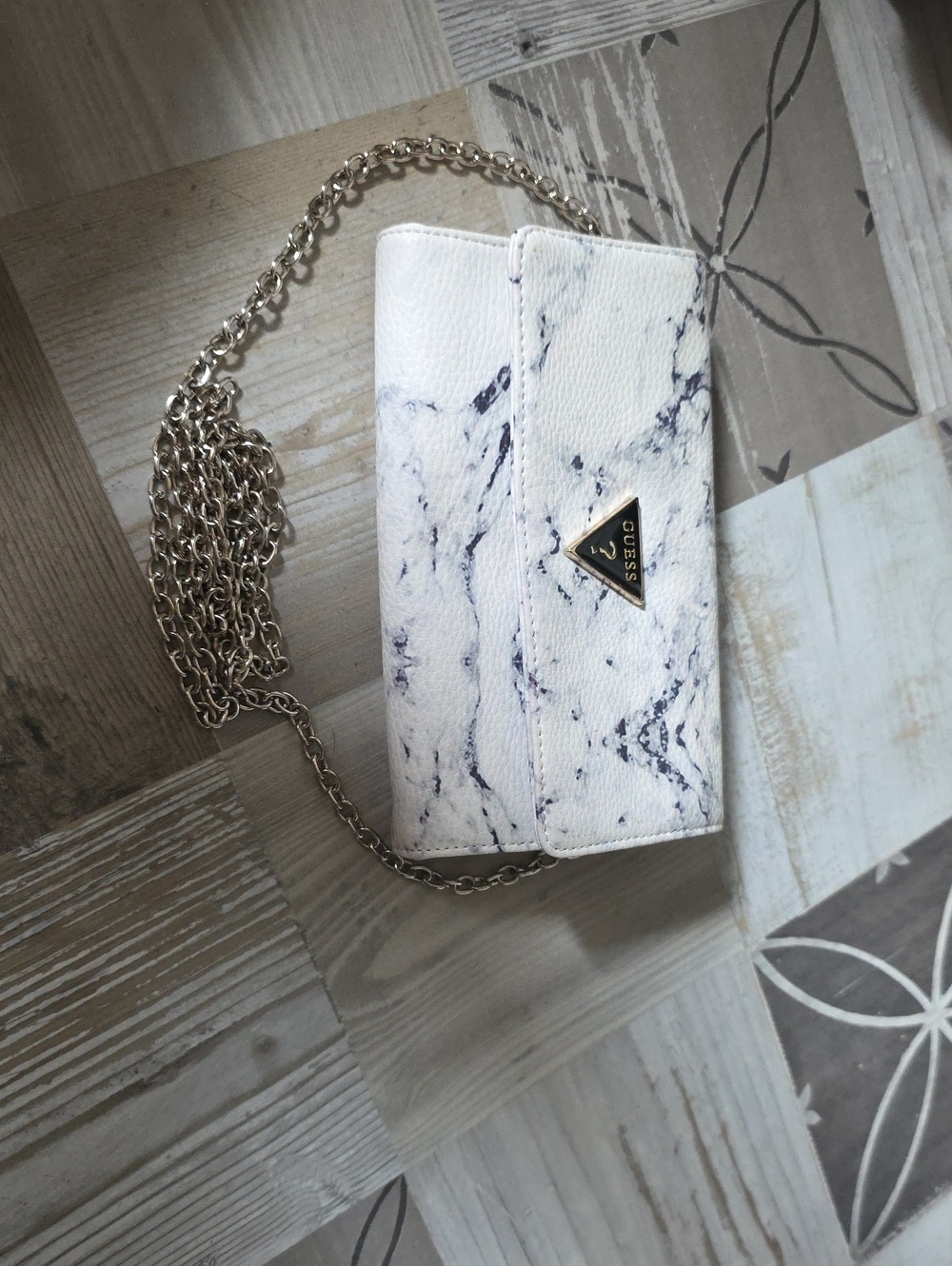 Guess White Marble-Print Chain Wallet Crossbody with Gold Hardware